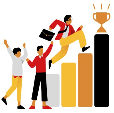 Students climbing a bar chart toward a trophy